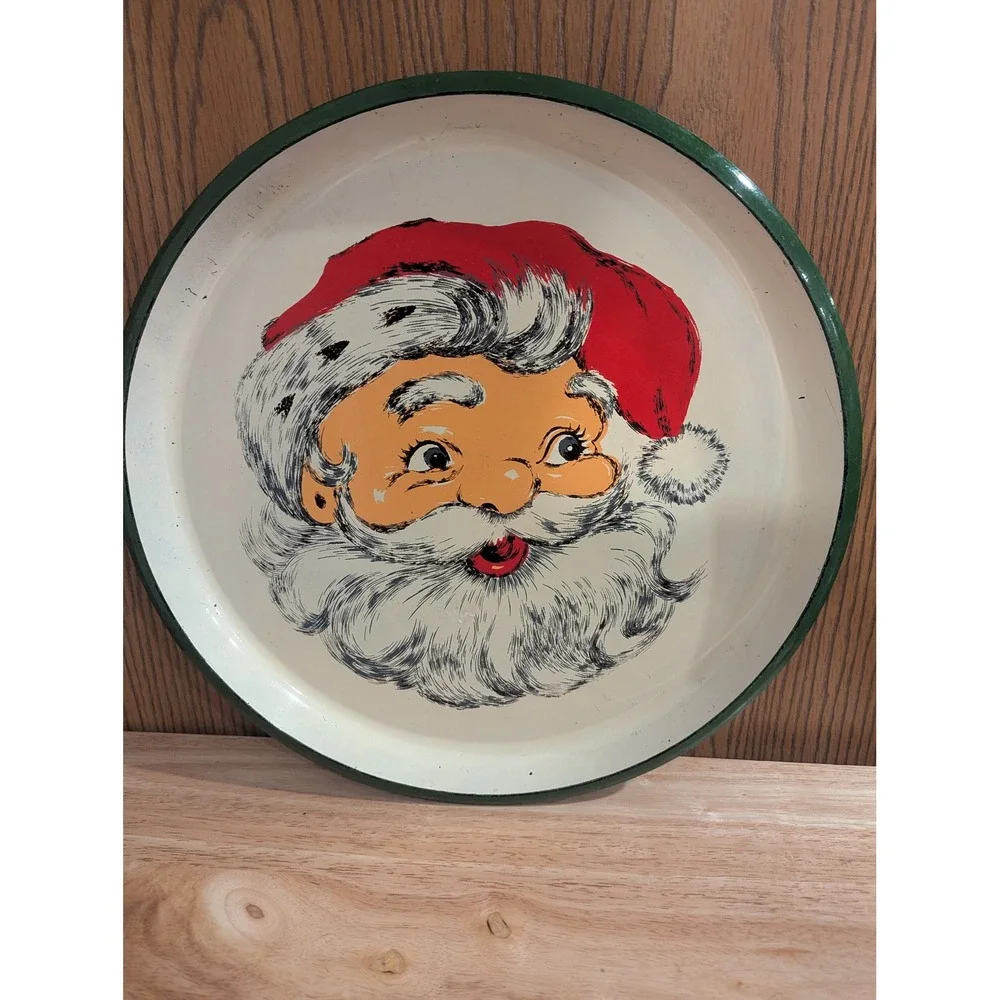 Vintage 1960s Santa Claus Serving Tray Round Christmas Retro Holiday Decor Japan